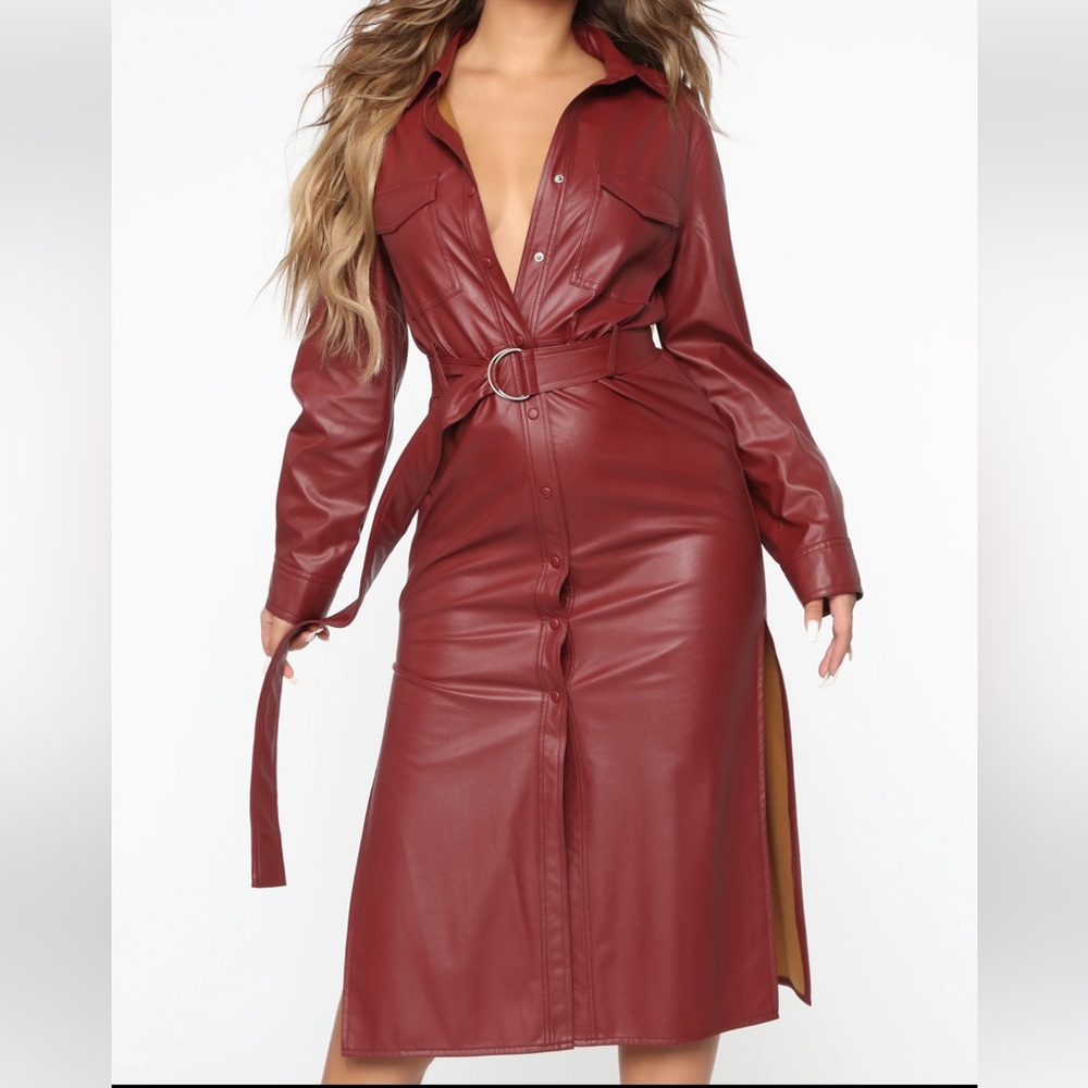 NWT Fashion Nova On my Side Midi Burgundy Faux Leather Longsleeve Shirt Dress L